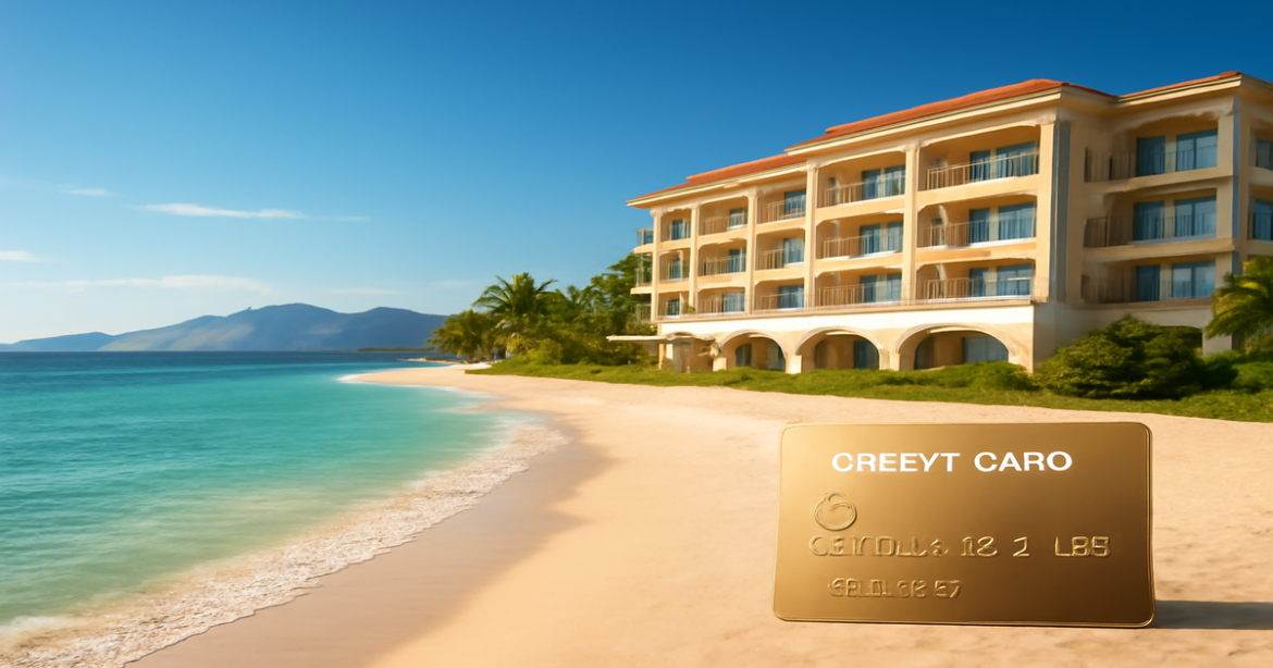 A tranquil beach hotel scene, illustrating the ideal lifestyle supported by a кредитная карта.