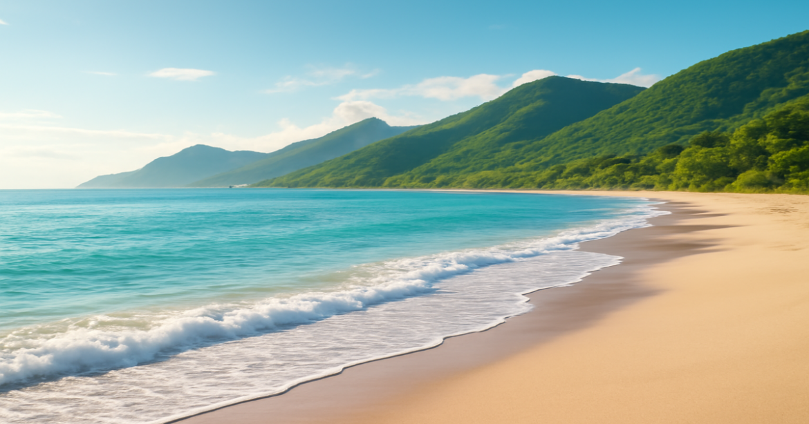 A beautiful beach and mountain landscape symbolizing the choice of an инвестиционный продукт.