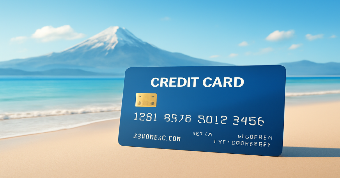 Beautiful landscape with a credit card, highlighting benefits like cashback and low interest rates.