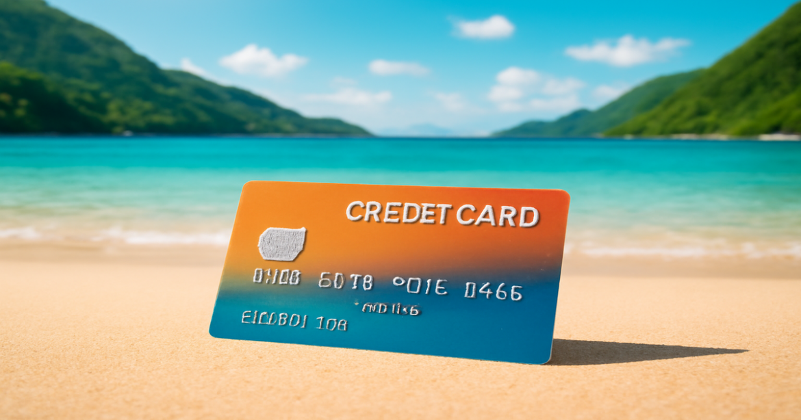 Explore credit cards with maximum кэшбэком against a backdrop of a beautiful beach and mountains.