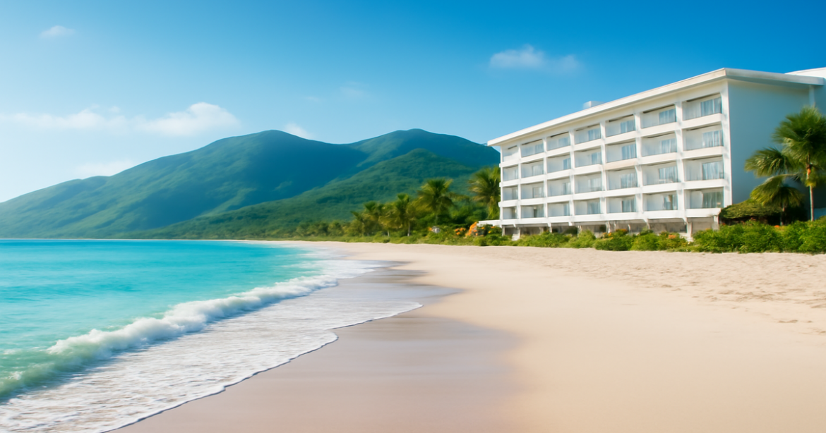 A serene beach scene illustrating personal loans, featuring mountains and a luxurious hotel.