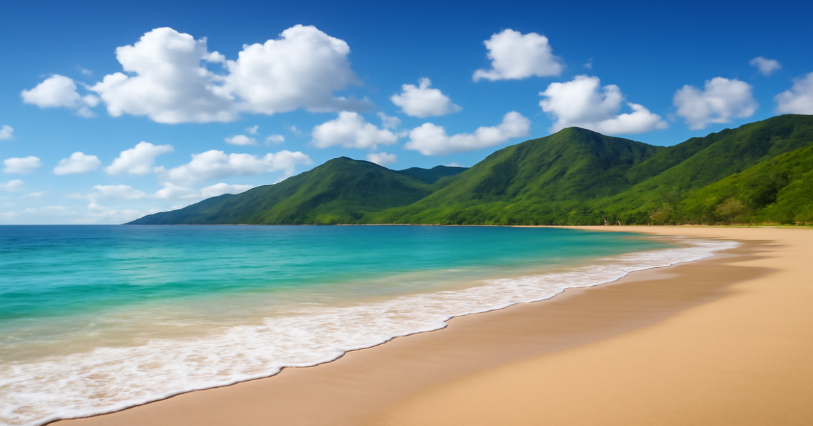 Stunning beach and mountain scene illustrating personal loan decision-making process.