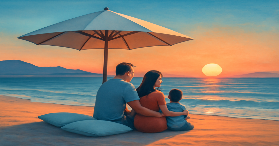 A tranquil beach scene symbolizing family protection and страхование, perfect for financial planning articles.