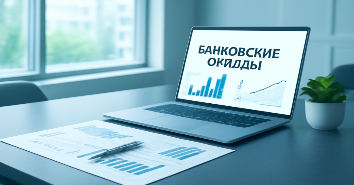 Modern bank office interior highlighting банковские вклады with a calming and professional vibe.