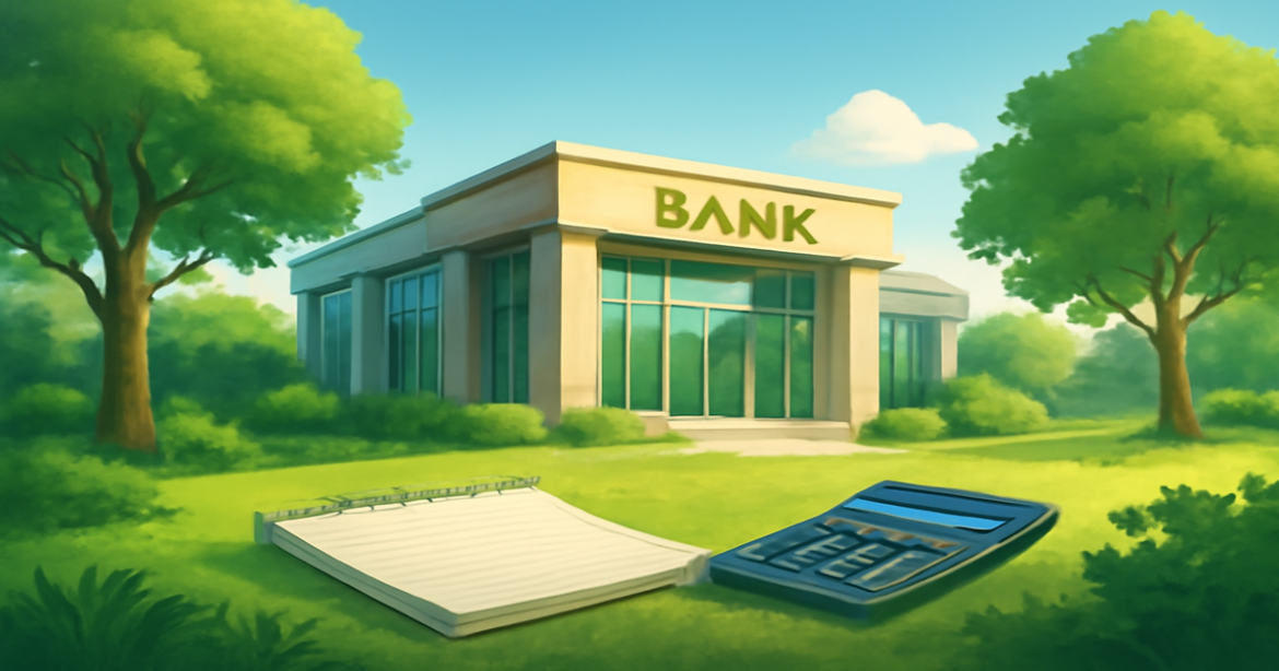 Explore the best депозитные условия in a serene landscape featuring a modern bank and nature.