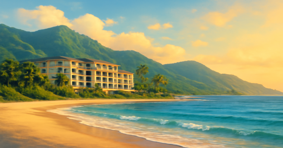 A peaceful beach and mountains representing investment products for 2026.