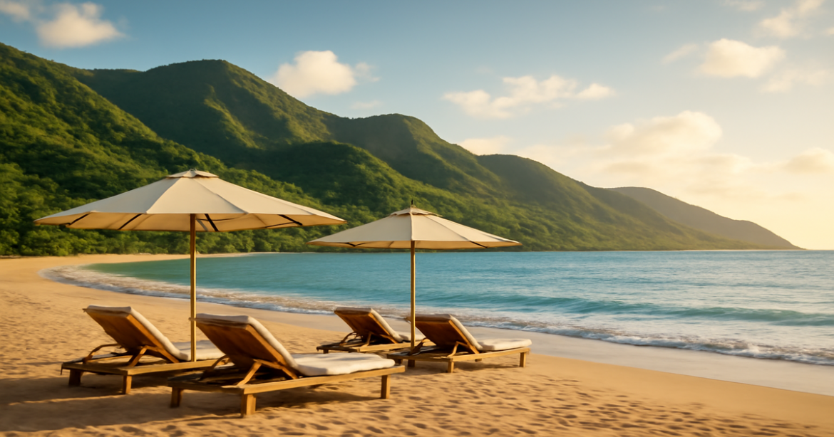 Relaxing beach landscape illustrating страховые продукты for financial protection.