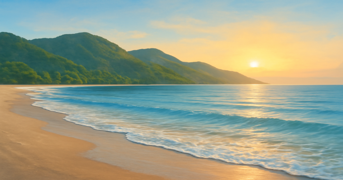 Peaceful beach and mountain landscape illustrating выбор банковского кредита for financial tranquility.