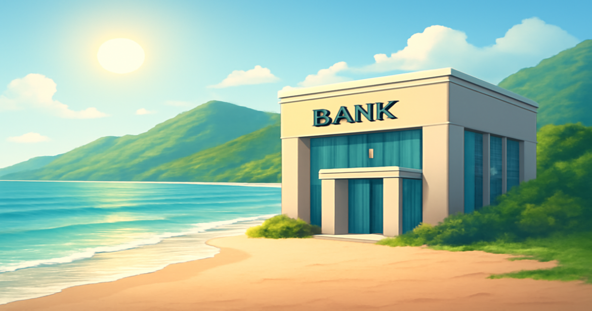 A serene landscape representing выбор банковского кредита with a beach and mountains, conveying financial stability.