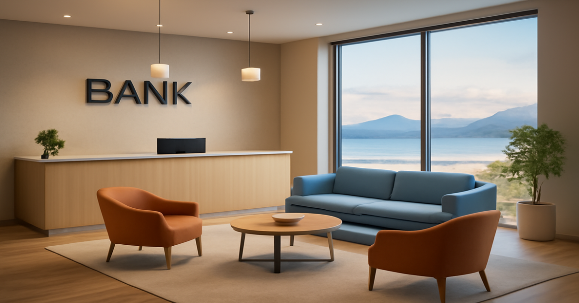 A calming bank interior representing the best депозитные счета options in 2023.
