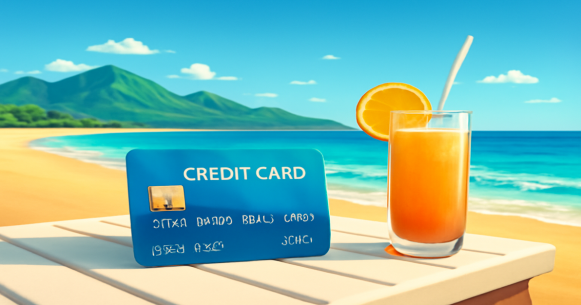 A peaceful beach scene featuring a credit card, representing travel and financial freedom.