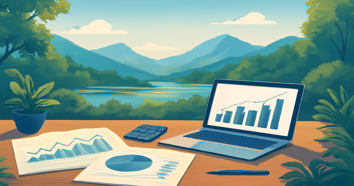 A serene investment products scene with financial charts in a relaxing natural setting.