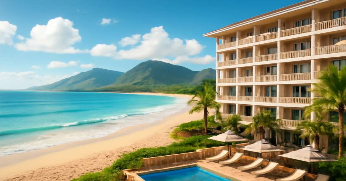 A tranquil beach scene illustrating the benefits of selecting the right кредитные карты for travel.