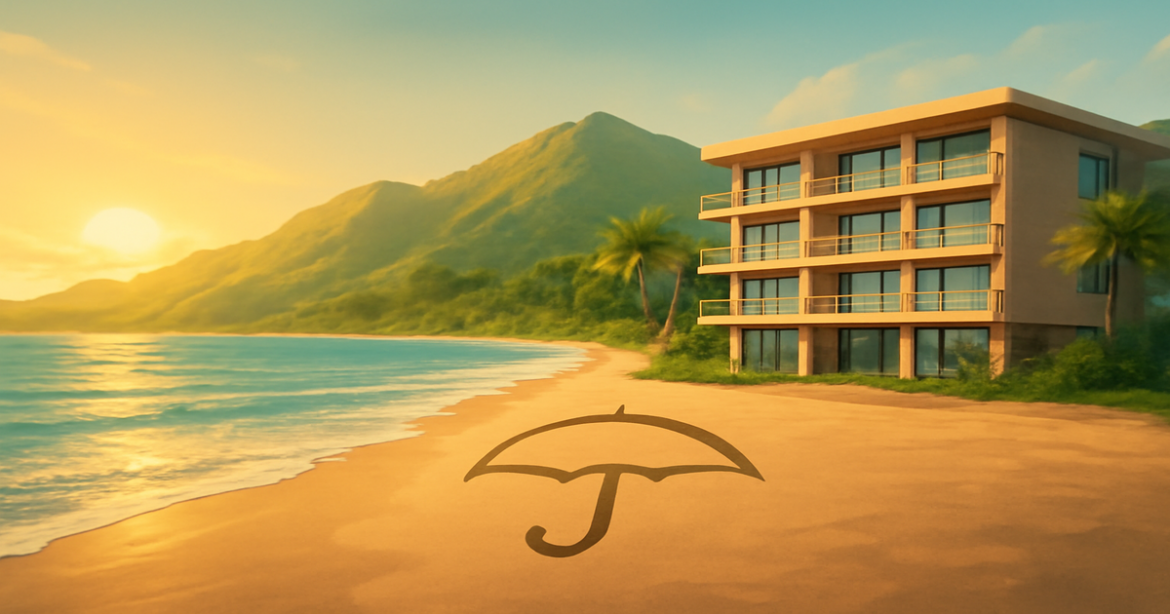 Relaxing beach scene symbolizing страхование and financial planning, perfect for web use.