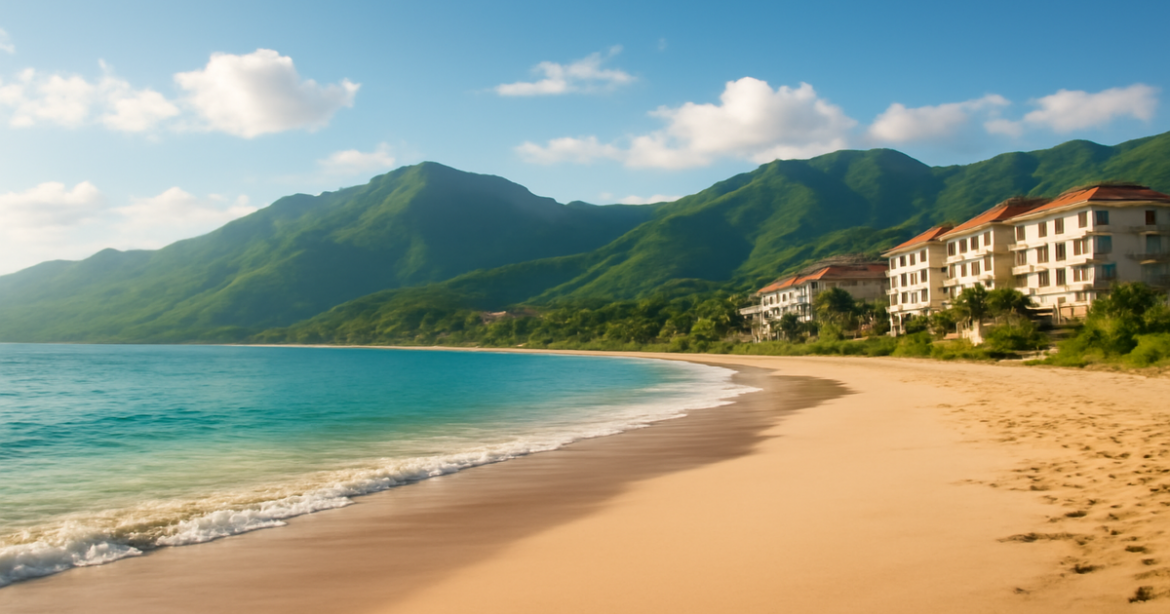 Beautiful beach scene representing consumer loans in 2026, with mountains and hotels in a relaxing setting.