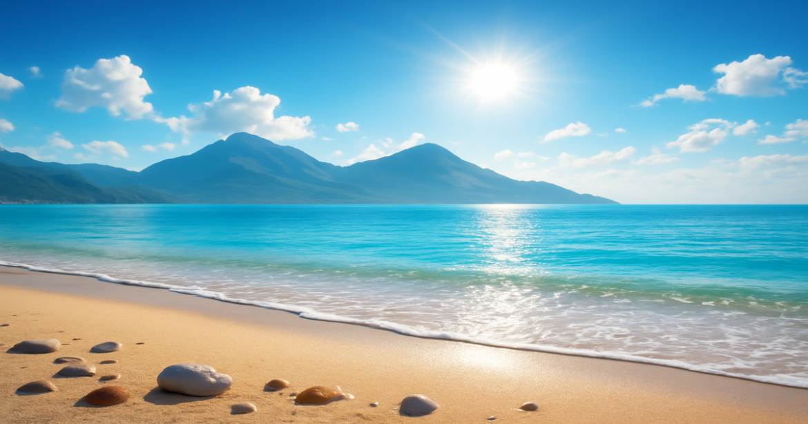 A serene landscape symbolizing financial success through a good кредитная история, featuring mountains and a beach.