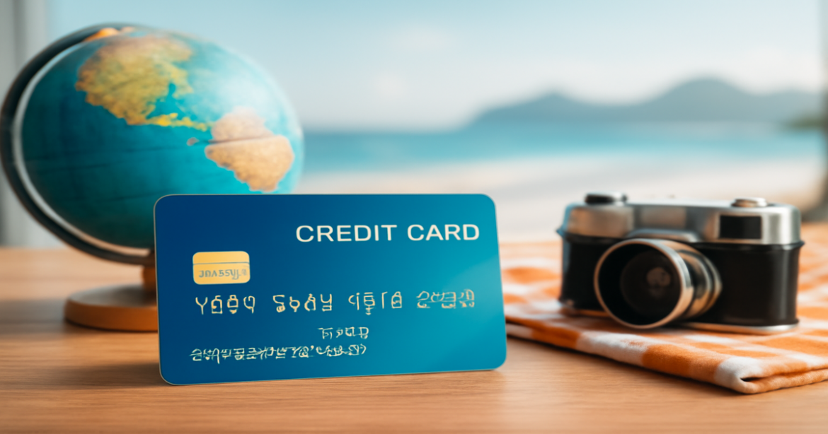 A credit card on a table with travel elements, symbolizing financial choices for adventures.