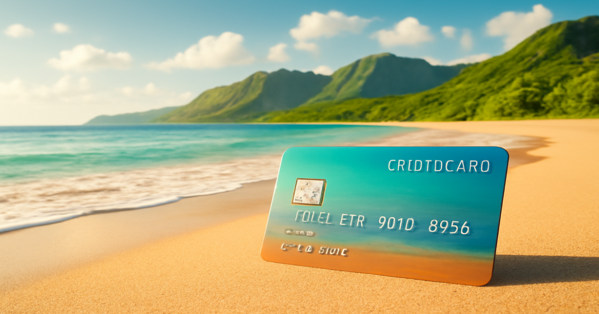 A relaxing beach scene with a credit card, highlighting the benefits of кредитные карты in travel.