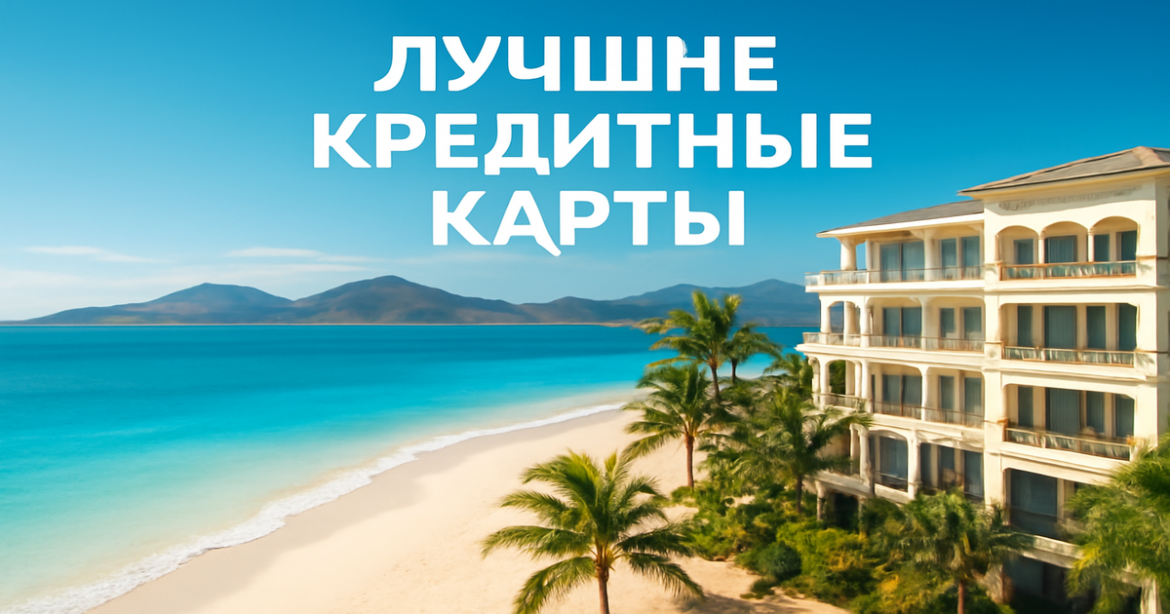 Explore лучшие кредитные карты with a tranquil beach and mountains scene, representing financial relaxation.