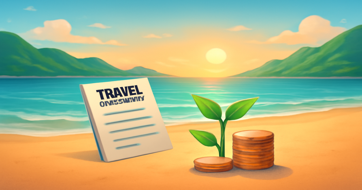 A peaceful beach scene symbolizing накопление средств and financial goals with mountains in the background.