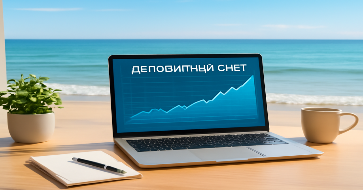 A serene workspace with a laptop displaying депозитный счет graphs and a beach view, perfect for financial planning.