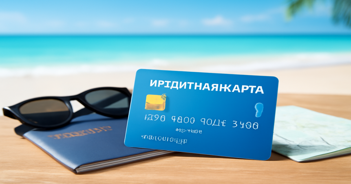 A stylish credit card on a table with travel items, reflecting the importance of кредитная карта for vacations.