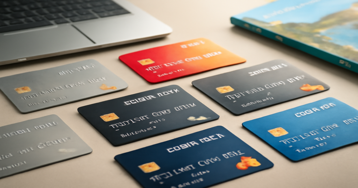 Explore credit cards with a visually appealing image of various card designs on a stylish background.