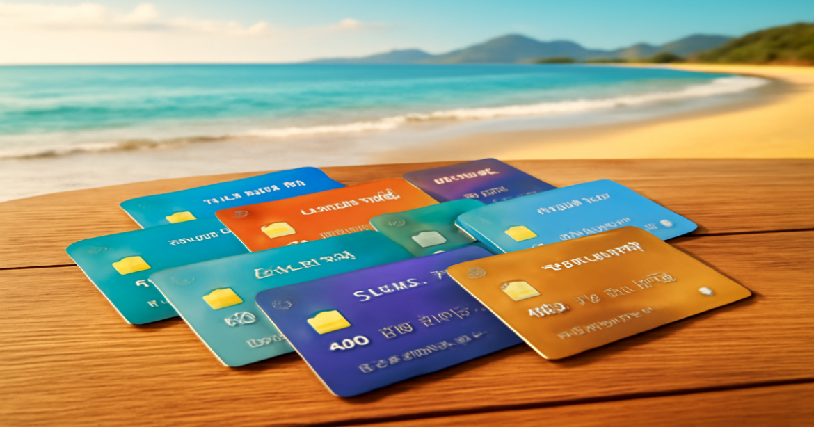 High-quality image of credit cards against a serene beach backdrop, symbolizing financial freedom.