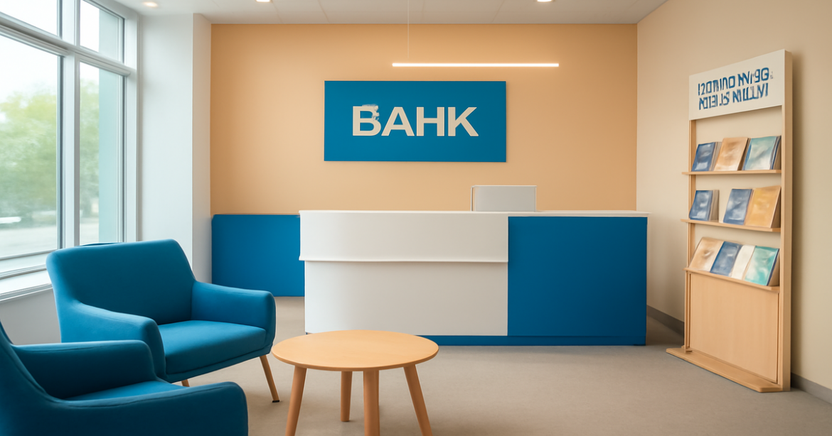 Modern bank interior showcasing financial services, featuring вклады в банках information.