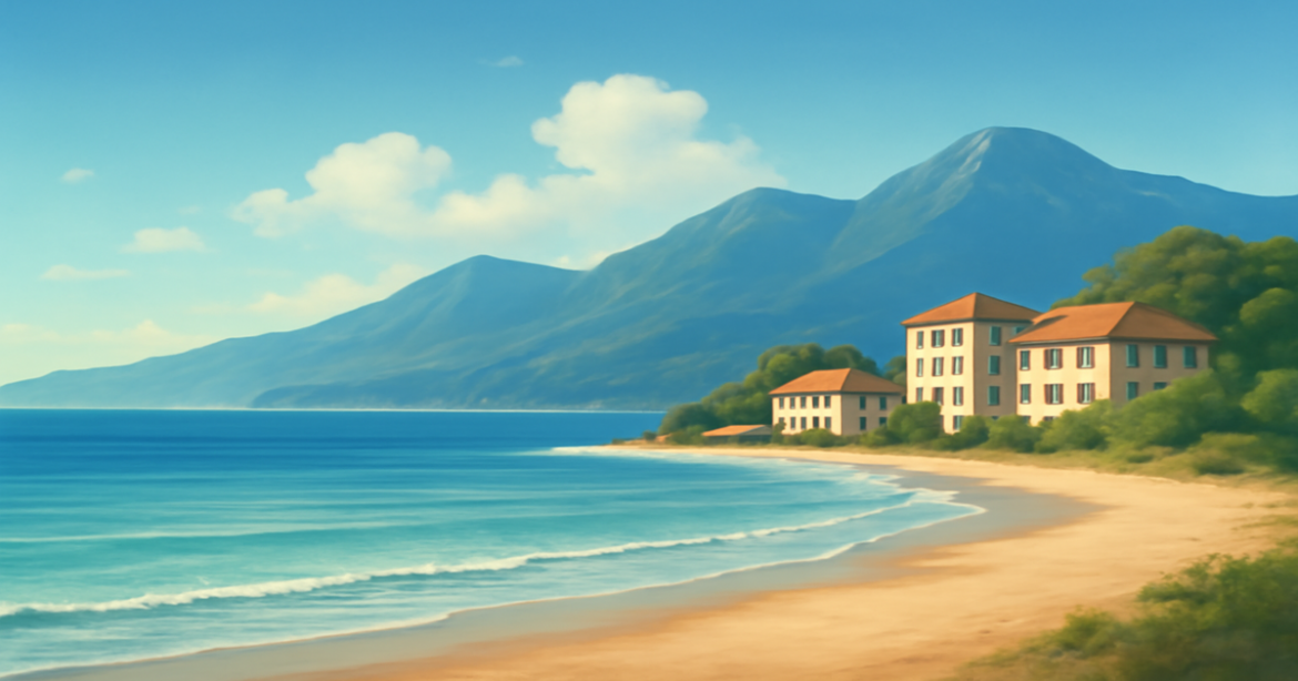 A tranquil beach and mountain scene illustrating the importance of страховые продукты for financial security.