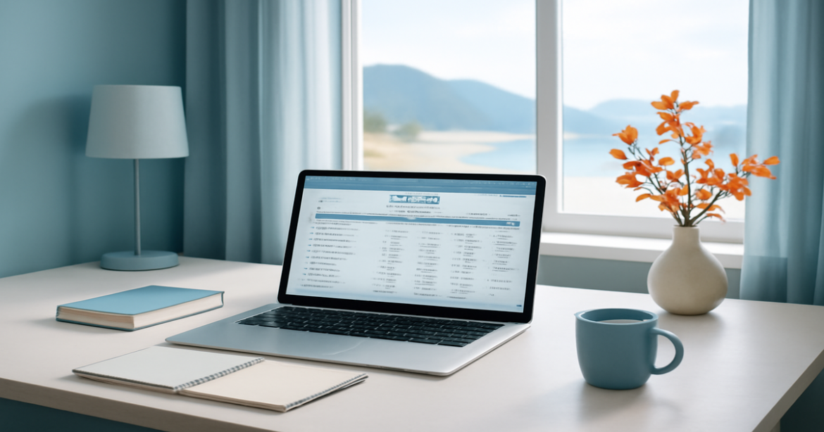 A professional home office setup illustrating финансовое планирование with a calming landscape view.