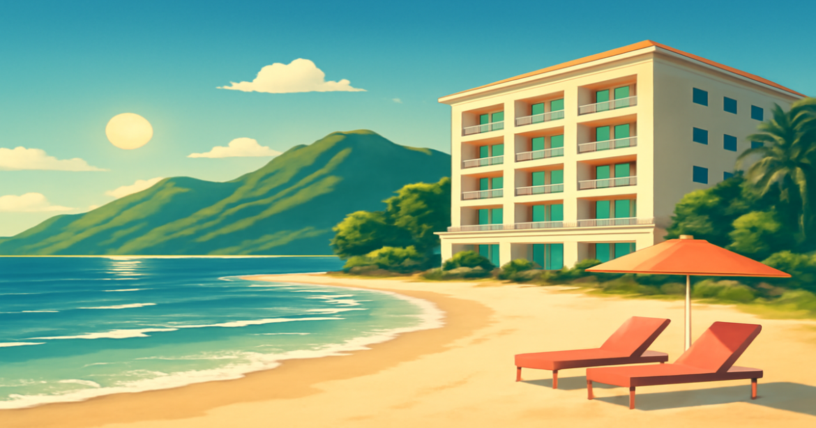A peaceful beach scene illustrating financial literacy with serene landscapes and inviting hotel settings.