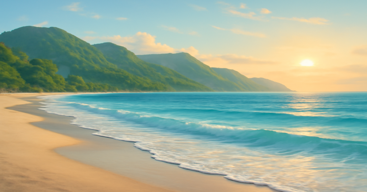 A tranquil beach landscape symbolizing financial literacy and stability, with serene mountains in the backdrop.