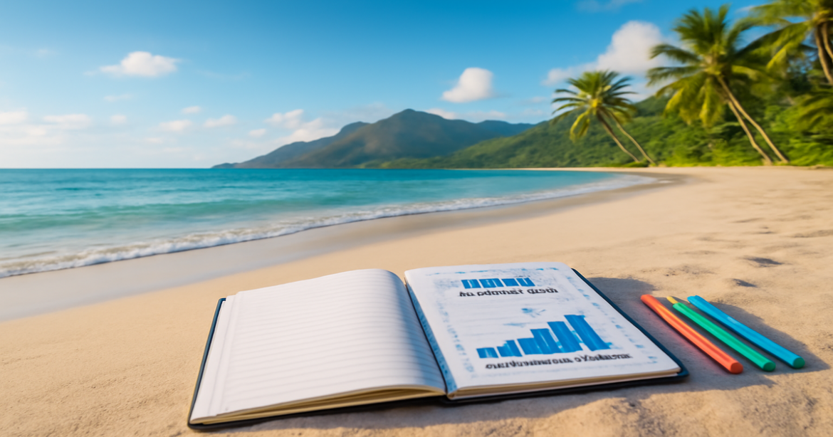 A calm beach scene with a travel planner illustrating financial planning for independence.