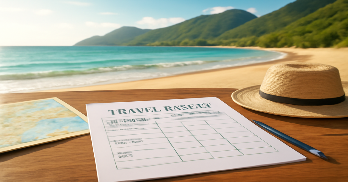 Relaxing beach landscape with travel budget planner, highlighting планирование бюджета for financial success.