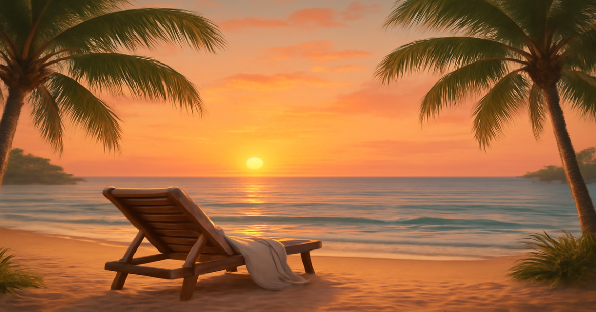 A relaxing beach scene illustrating the concept of страхование жизни and its importance for family security.