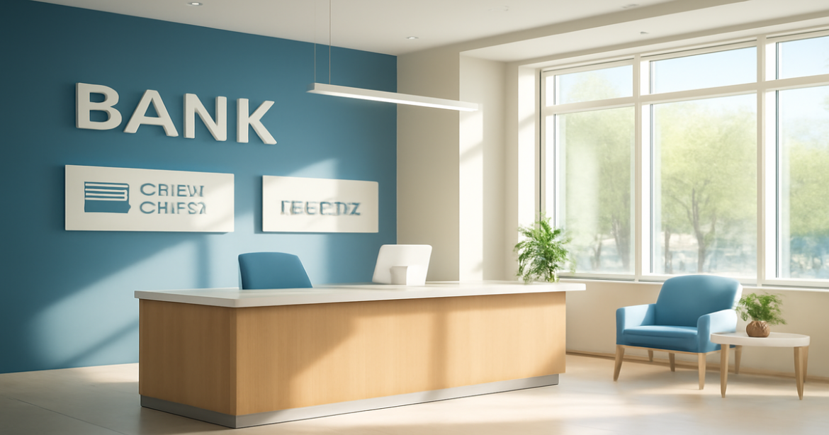 A modern bank interior showcasing банковские услуги, including credit cards and deposit products.