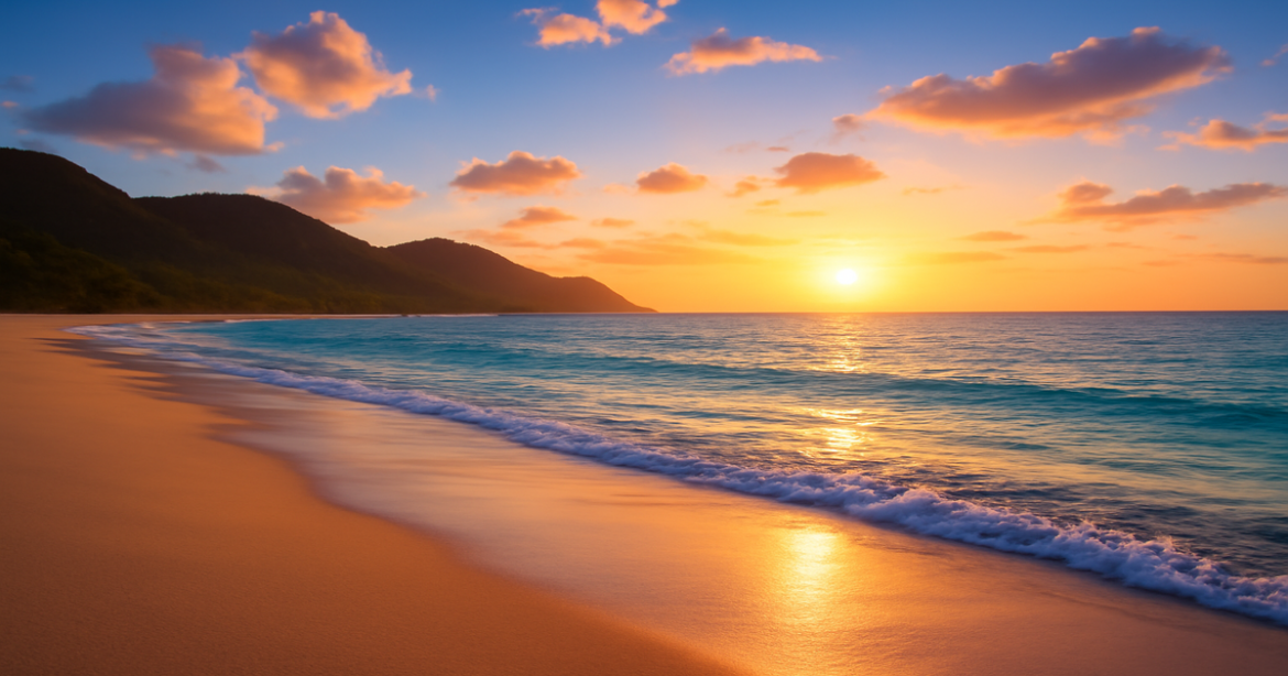 A tranquil beach sunset scene, emphasizing the importance of финансовая грамотность for achieving personal goals.