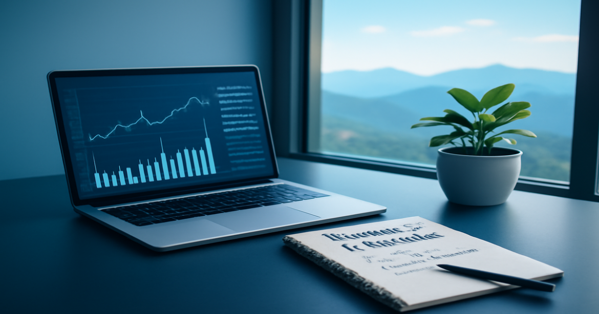Professional workspace image highlighting финансовые услуги with serene mountain views.