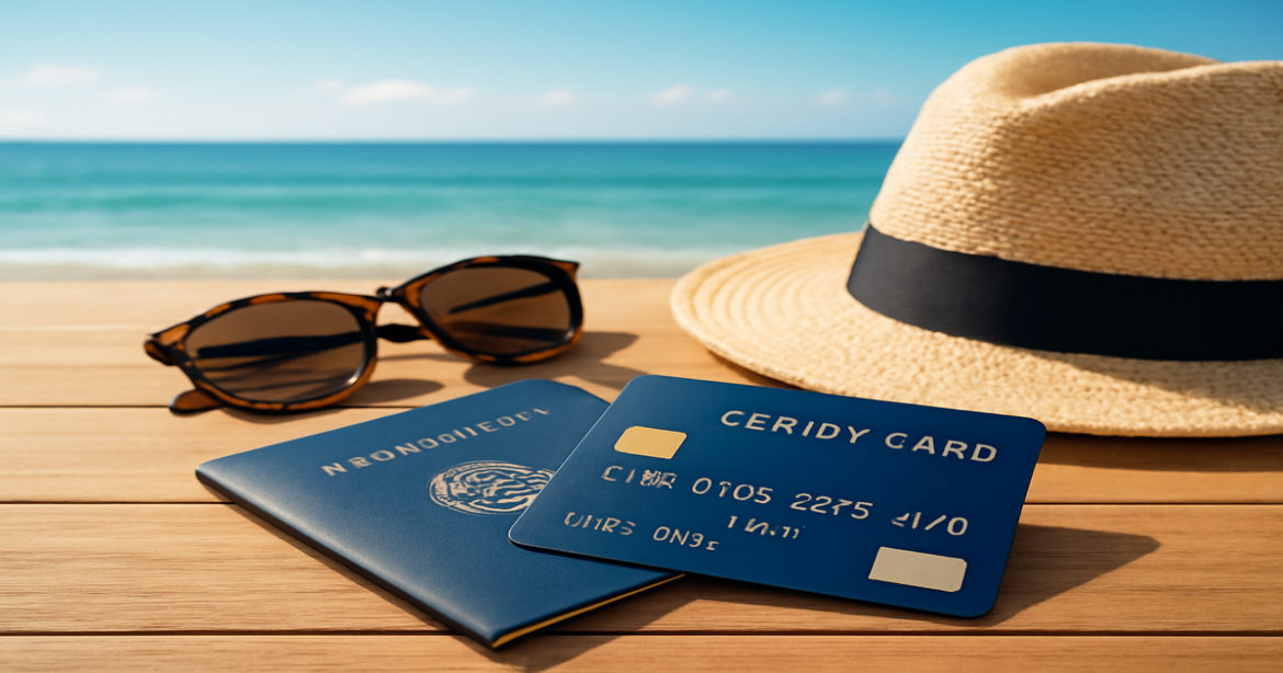 A stylish credit card on a table with travel essentials, highlighting кредитные карты for financial management.