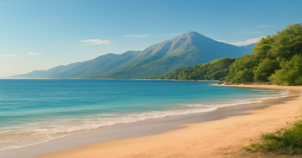 Serene beach and mountains scene reflecting the essence of страхование and financial security.