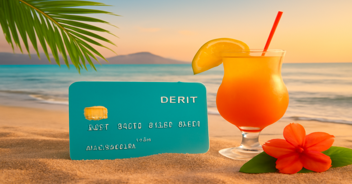 A beautiful beach scene highlighting the advantages of дебетовые карты for travel, with a relaxing sunset atmosphere.