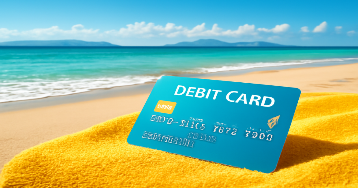 Explore the advantages of debit cards with a serene beach scene and stylish card placement.