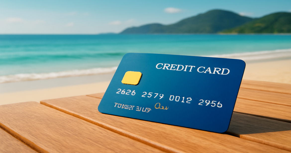 A relaxing beach scene featuring a credit card, perfect for financial planning and management.