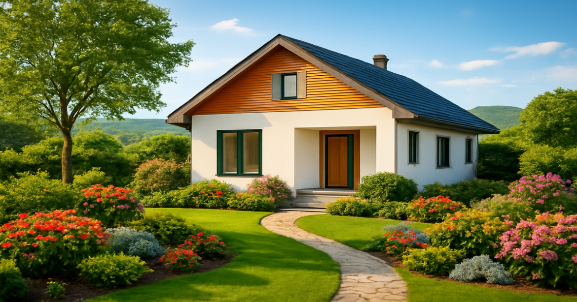 Modern home in a tranquil landscape symbolizing ипотека benefits in Russia.