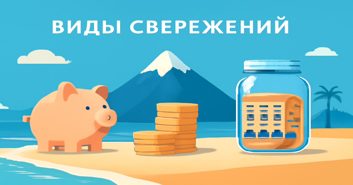 Explore виды сбережений through a relaxing landscape of savings symbols and nature.