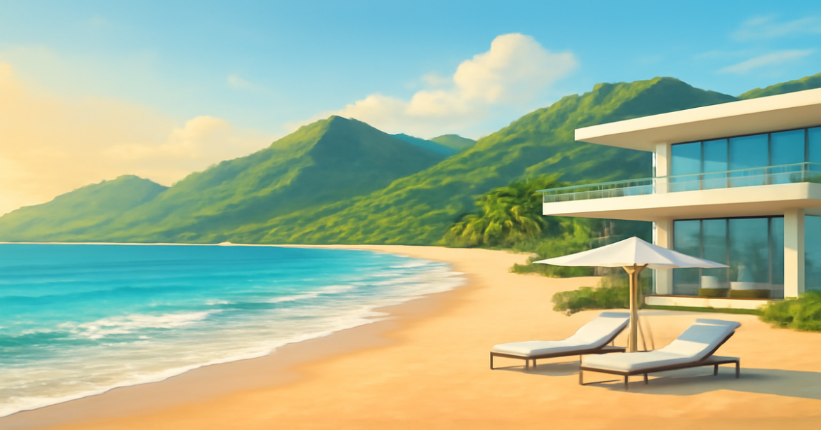 A tranquil beach scene illustrating the concept of страхование for asset protection, with mountains and a resort.