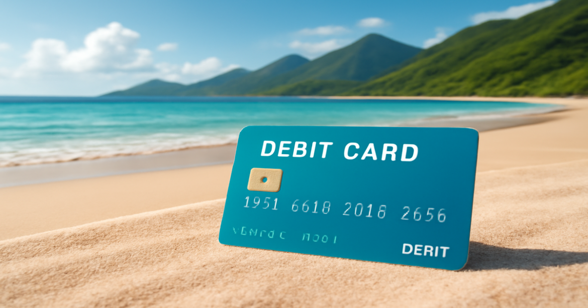 A tranquil beach scene with a debit card representing personal finance options for travelers.