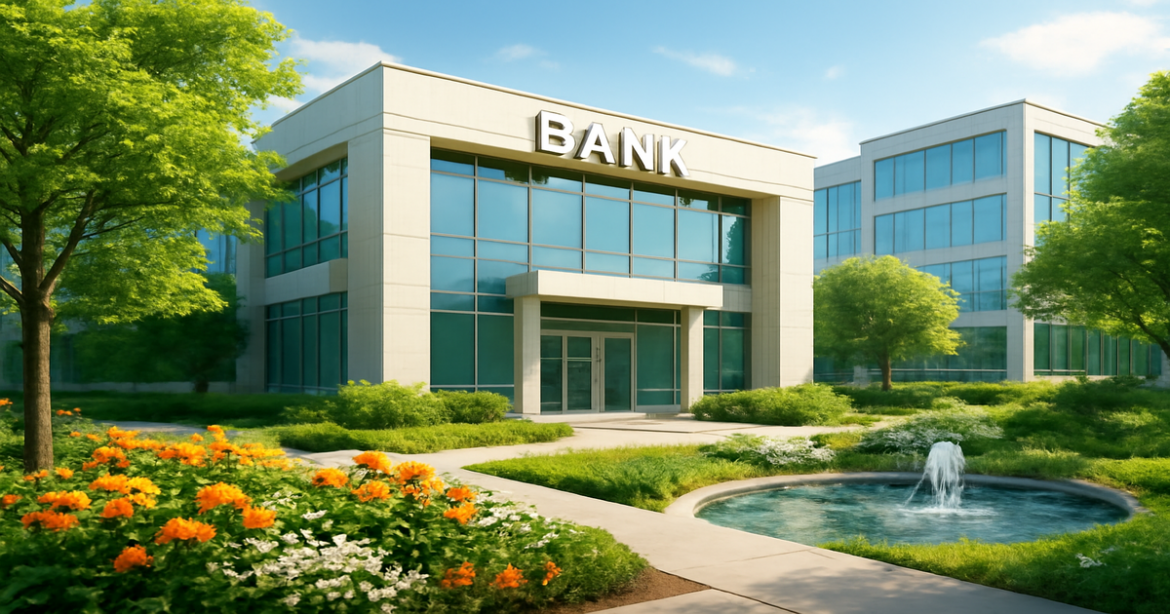 Professional image of a bank, reflecting trust and beauty, ideal for банковские вклады information.