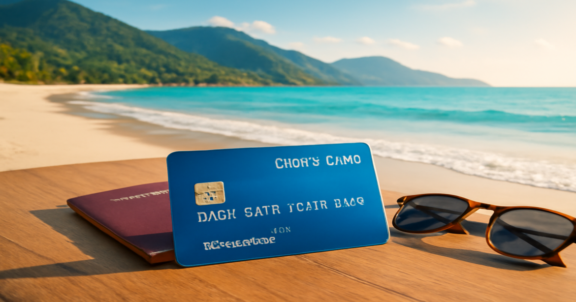 A relaxing beach scene with a credit card, perfect for understanding how to choose the best кредитная карта.